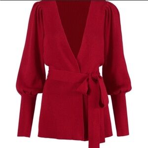 CAbi Red Cabaret Ribbed Belted Open Front Cardigan- Size M